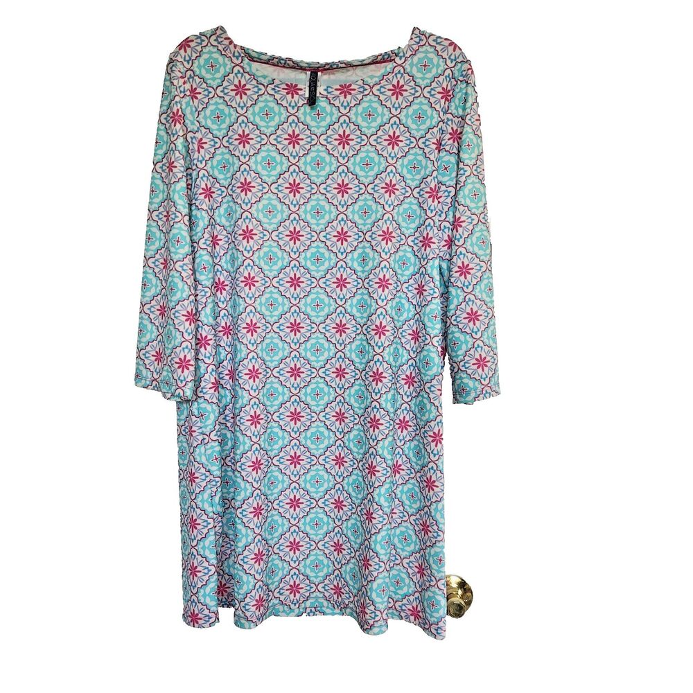 Aqua Et Sol Swim Cover-up Tunic Dress UPF 50 Short Sleeve Blue White Size Large
